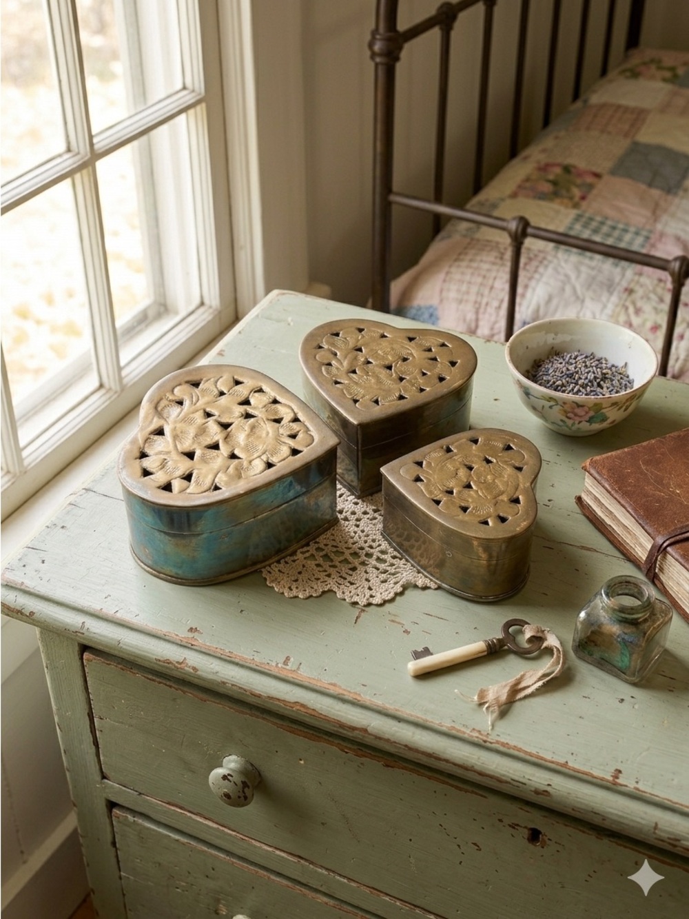 Brass Nesting Heart Trinket Boxes Shaped Vintage Trio Charming Grandma Cottage